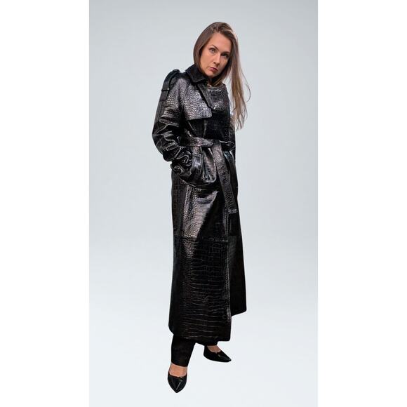 Black Genuine Leather Crocodile-Embossed Trench Coat – Size M - Picture 4 of 8